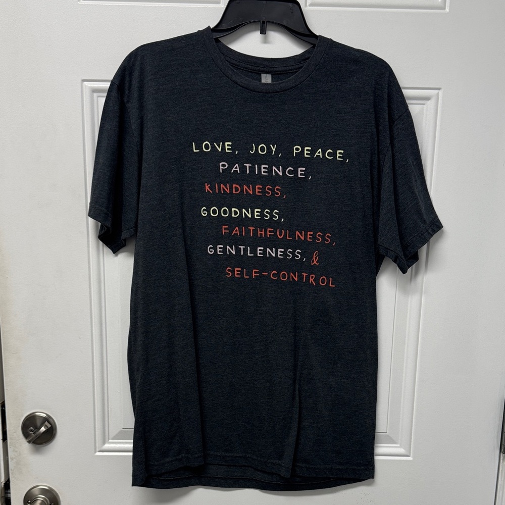 Next Level Apparel Dark Gray Graphic Tee with Multicolor Text